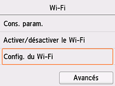 Écran Wi-Fi : sélectionnez Config. du Wi-Fi